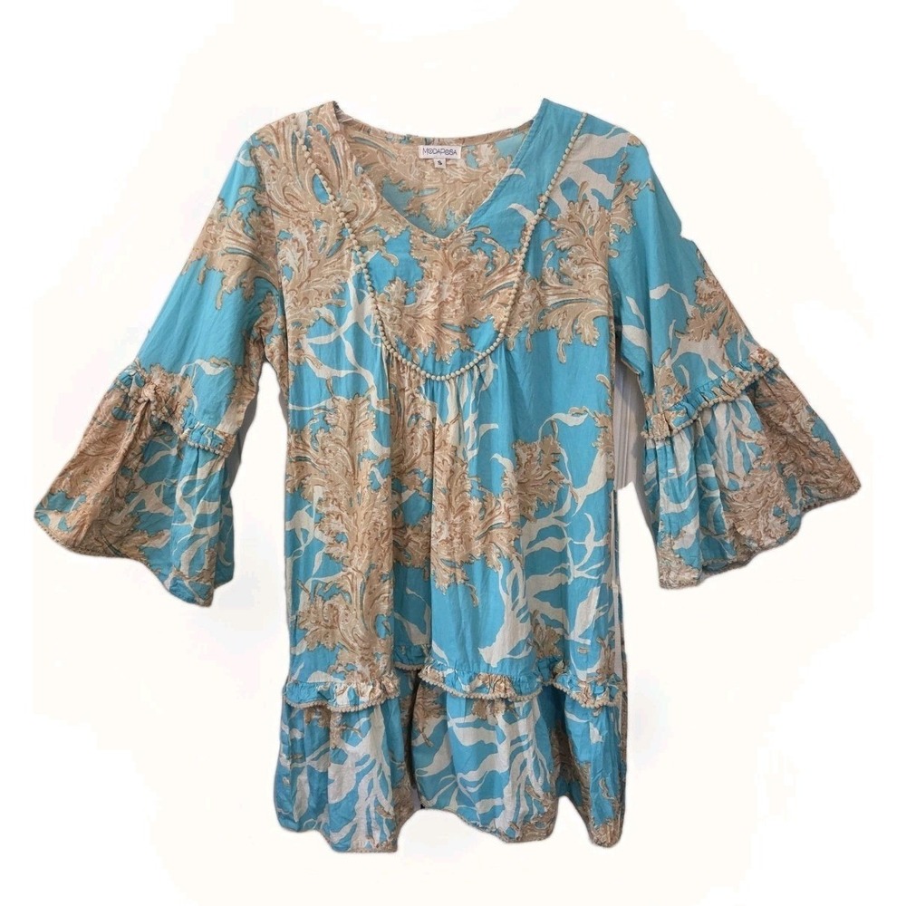 Modaposa Turquoise Tan Bohemian Boho Cotton Bell Sleeve Ruffle‎ Mini Dress Sz S